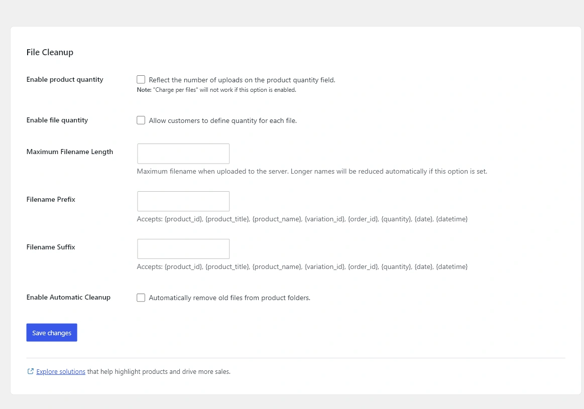 Advanced Files Uploader global File Cleanup section showing quantity toggles, filename length, prefix, suffix, and automatic cleanup