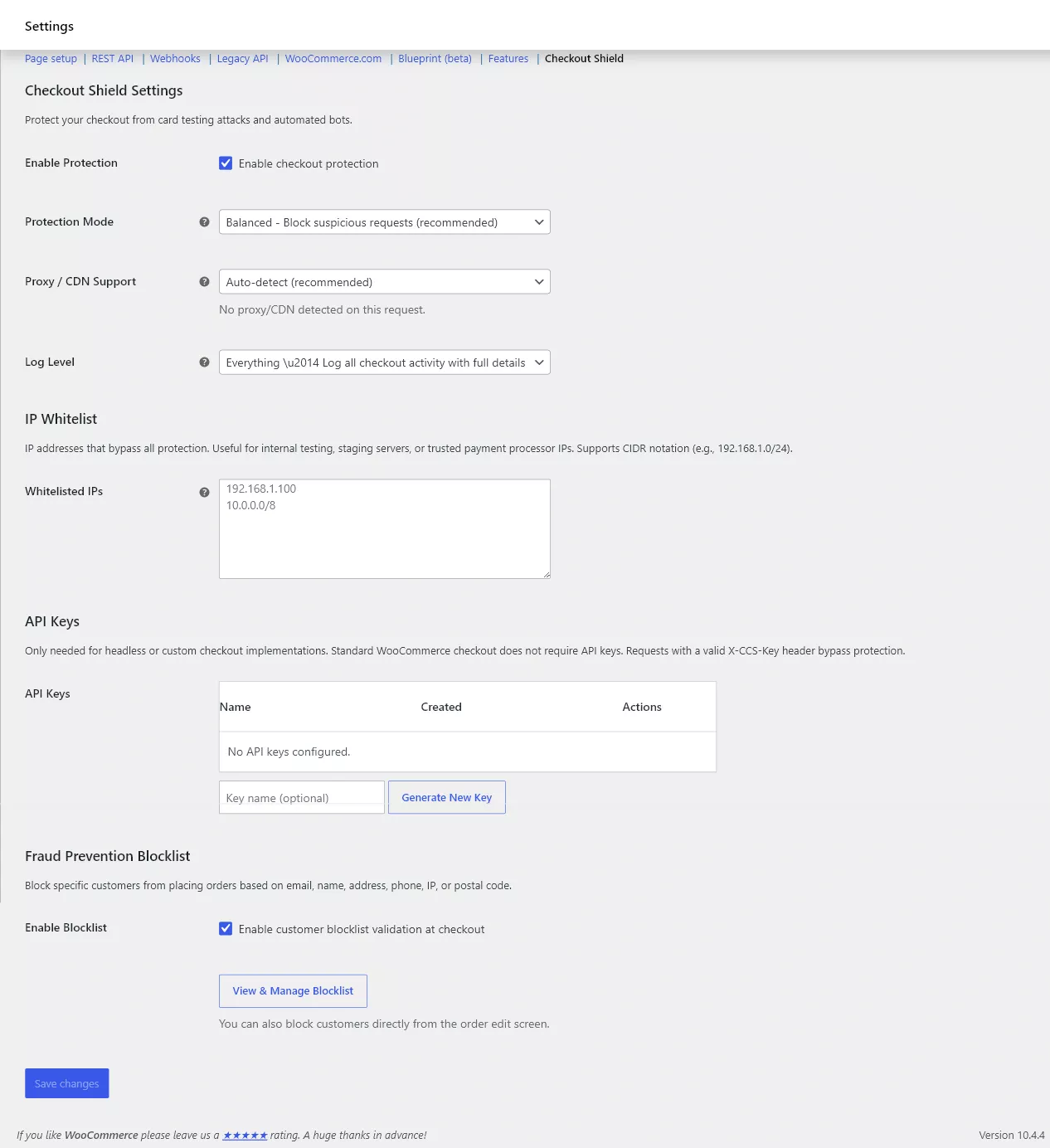 Checkout Shield Enable Protection and Protection Mode form fields