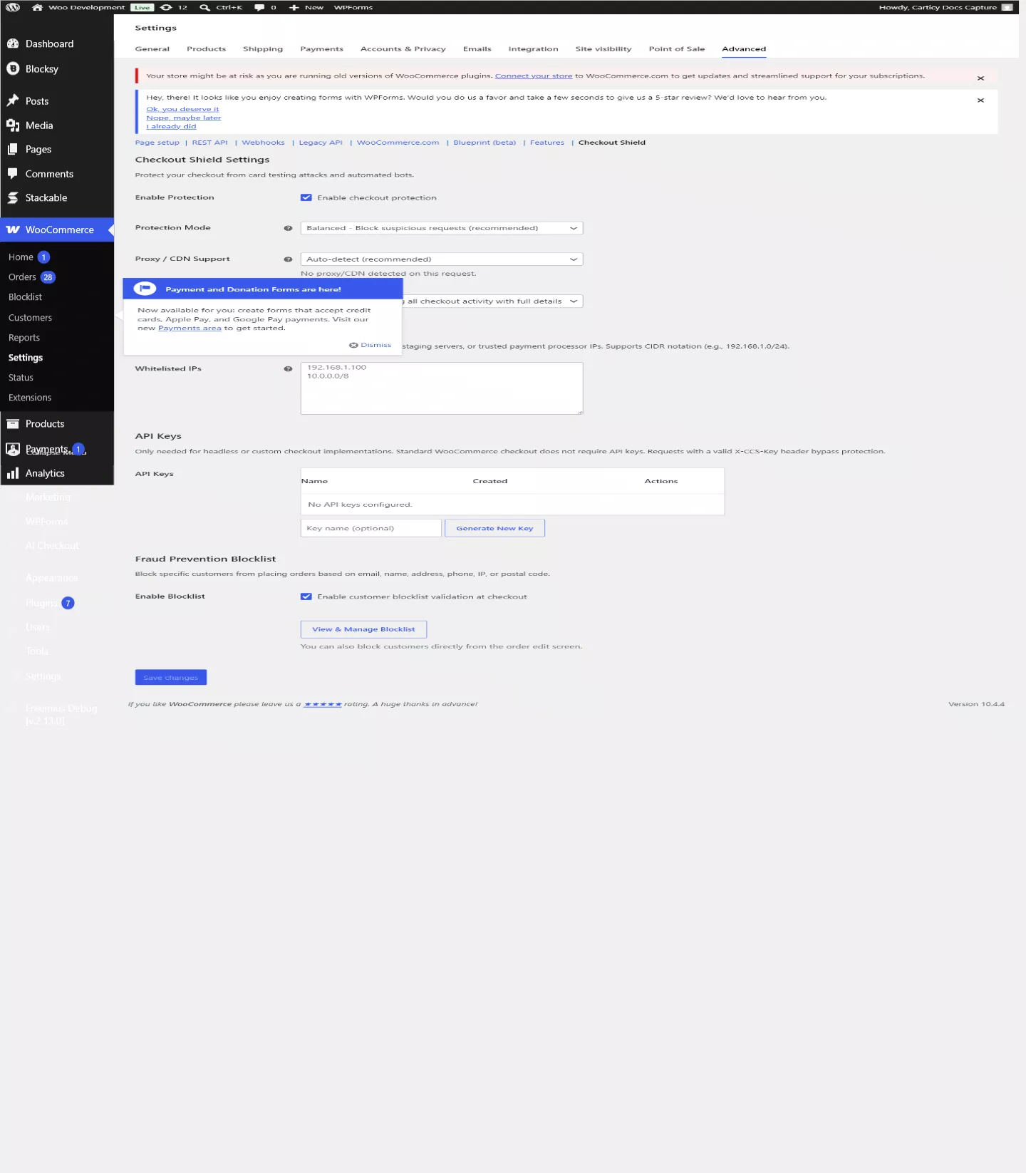 Checkout Shield protection mode settings panel