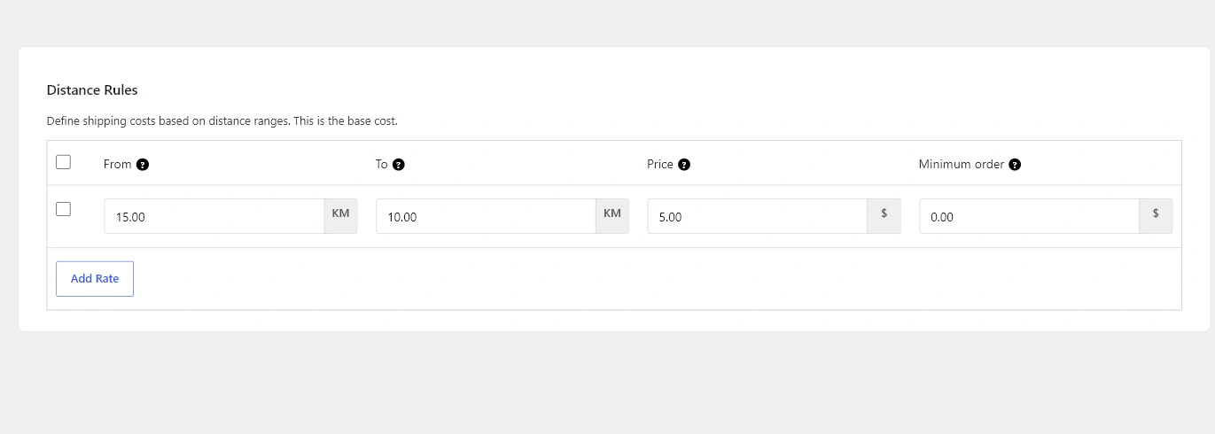 Distance Rules with From, To, Price, and Minimum order fields