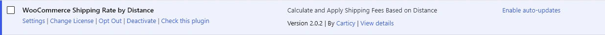Shipping Rate by Distance plugin row in WordPress Plugins screen