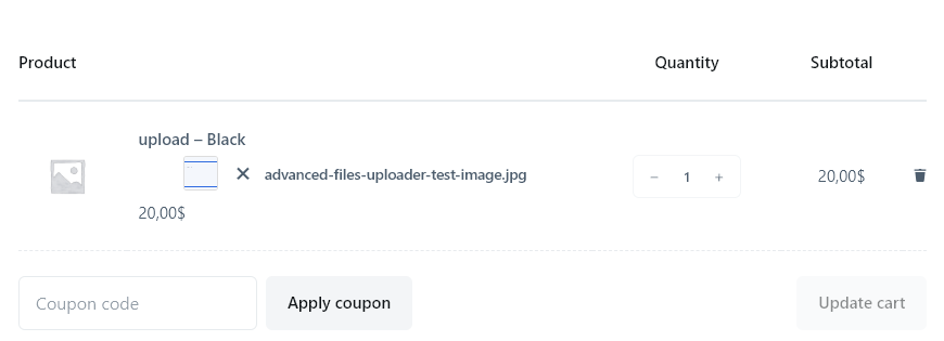 WooCommerce cart item showing the uploaded file name below the product and the adjusted item total.