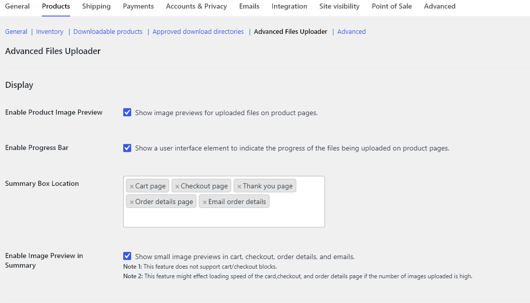 WooCommerce Products settings showing the Advanced Files Uploader settings tab and display controls.