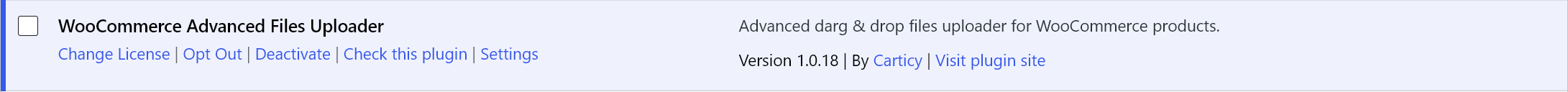 WordPress Plugins screen cropped to show only the active WooCommerce Advanced Files Uploader plugin row.