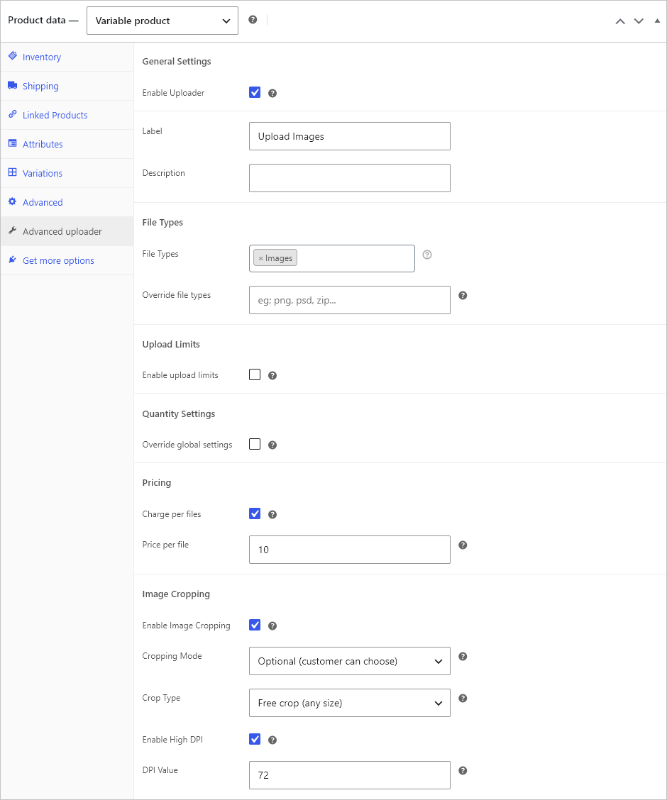 WooCommerce product data panel showing Advanced uploader settings for file types, upload limits, pricing, and image cropping.