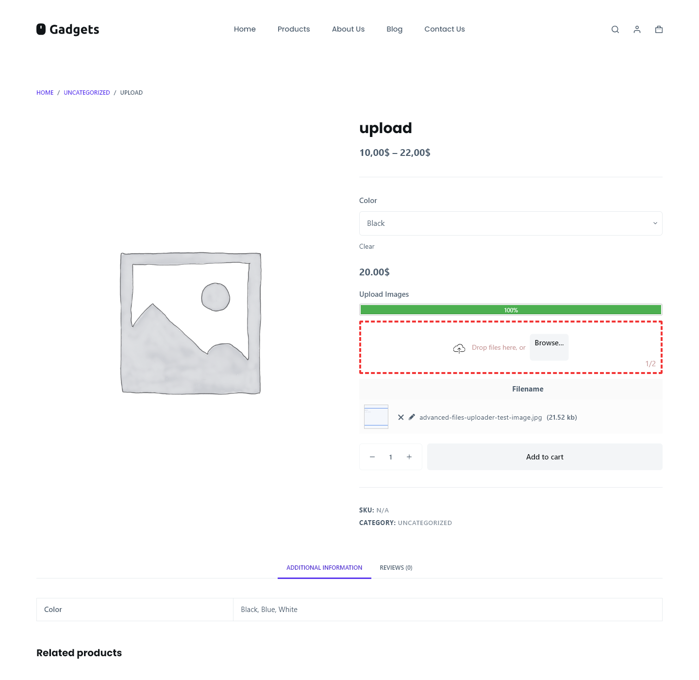 WooCommerce product page showing an uploaded image, upload progress complete, and charge-per-file price applied before add to cart.