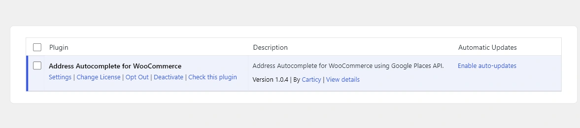 Address Autocomplete for WooCommerce plugin row in the WordPress Plugins screen with description and version visible