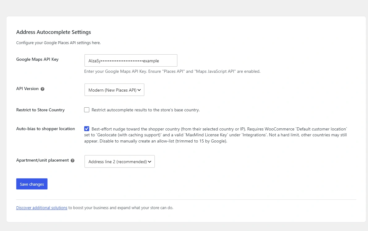 Address Autocomplete settings under WooCommerce General with redacted Google Maps API key, API version, country restriction, location bias, and apartment placement