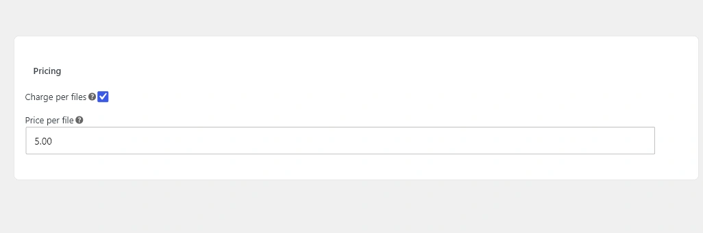 Advanced Files Uploader product tab Pricing section showing Charge per files toggle and Price per file