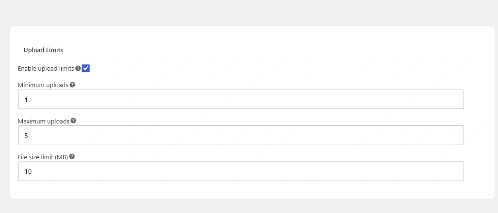 Advanced Files Uploader product tab Upload Limits section with minimum uploads, maximum uploads, and file size limit