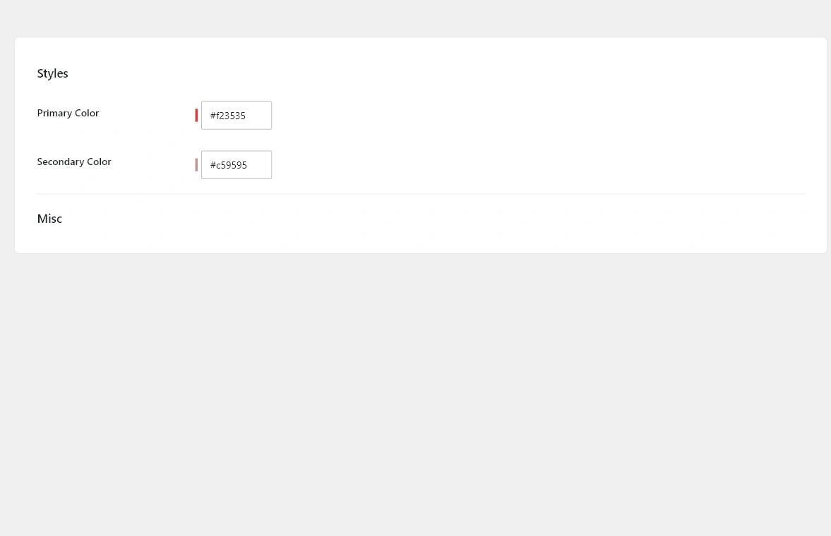 Advanced Files Uploader global Styles section showing Primary Color and Secondary Color