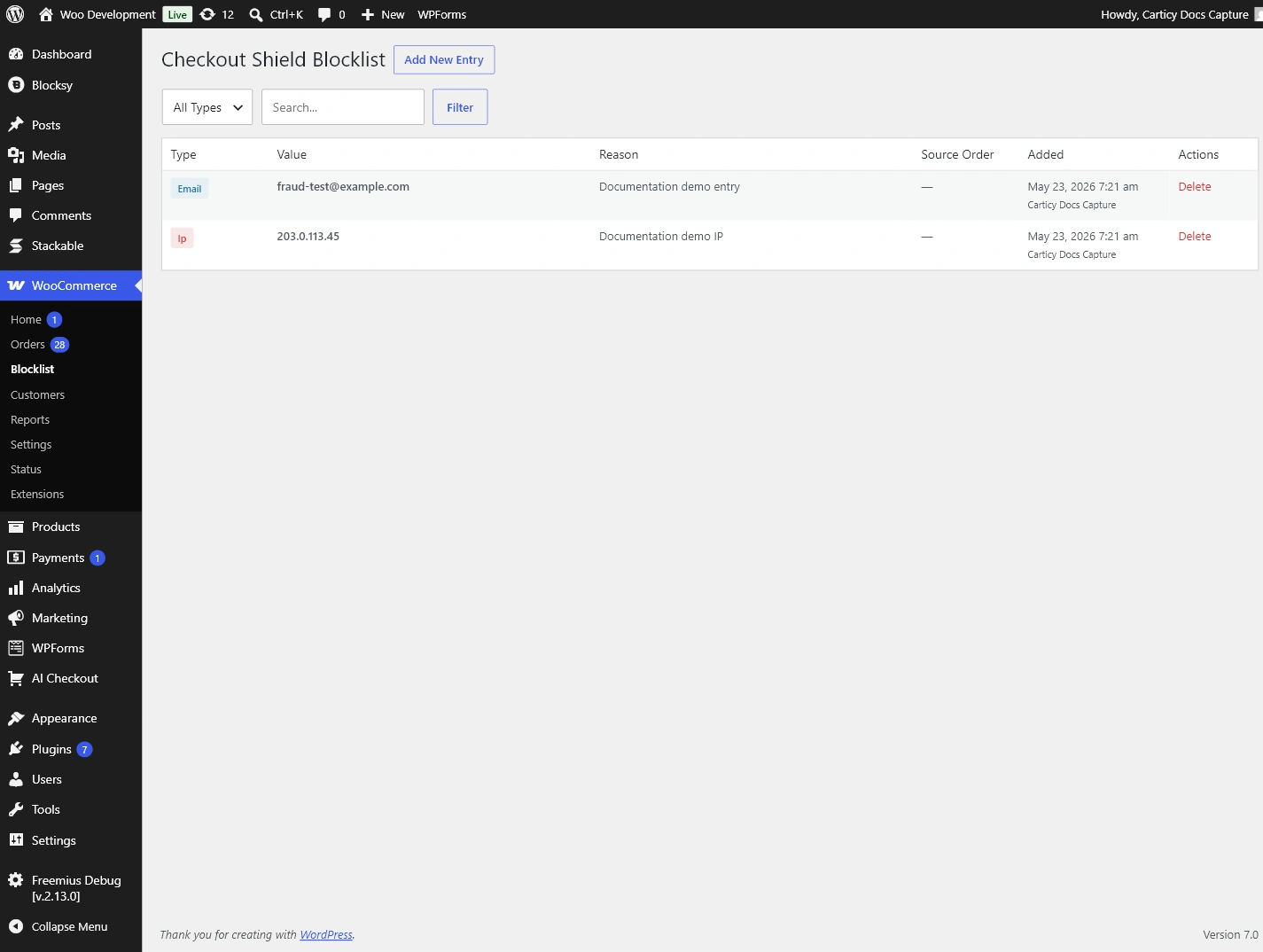 Checkout Shield blocklist management with example rules