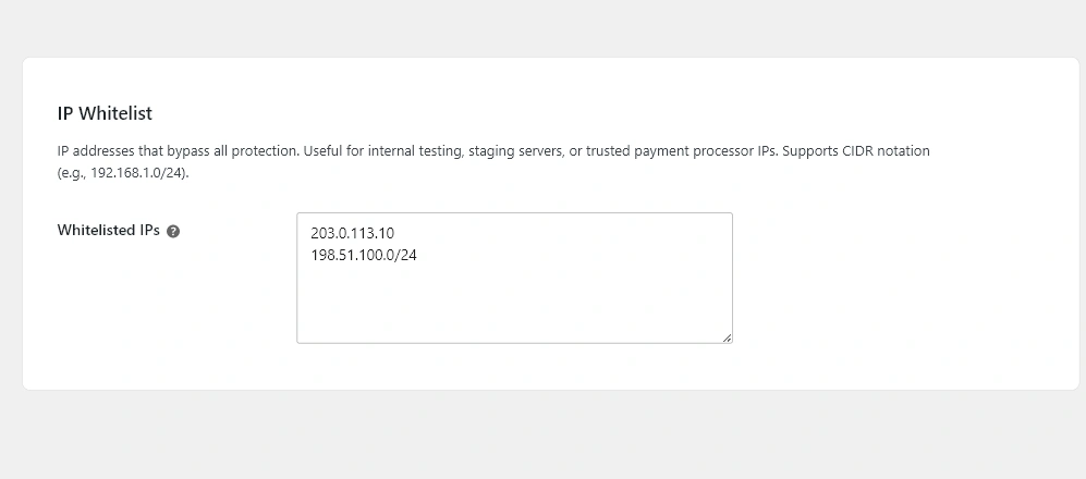Checkout Shield IP Whitelist section with example CIDR entries