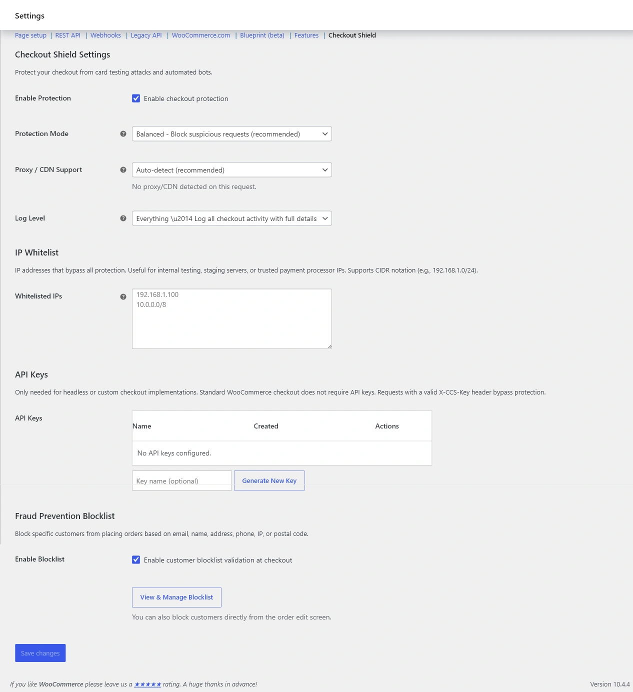 Checkout Shield Enable Protection and Protection Mode form fields