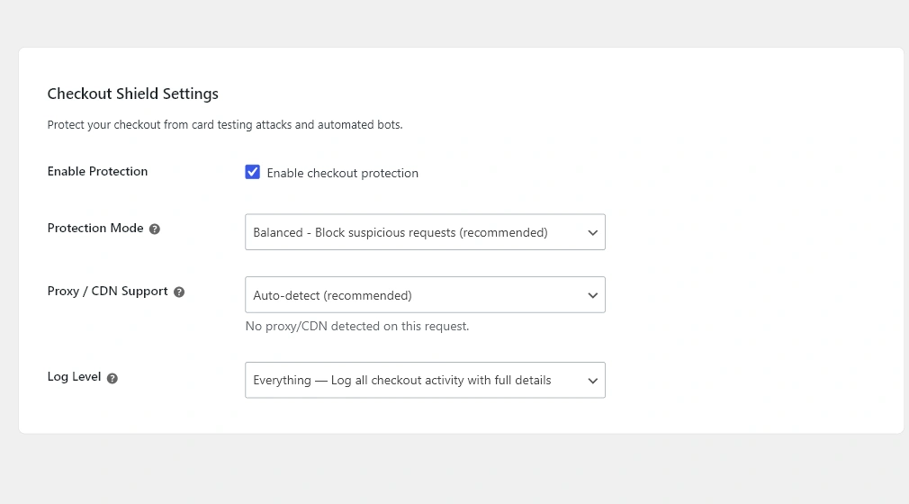 Checkout Shield main settings showing Enable Protection, Protection Mode, Proxy CDN Support, and Log Level