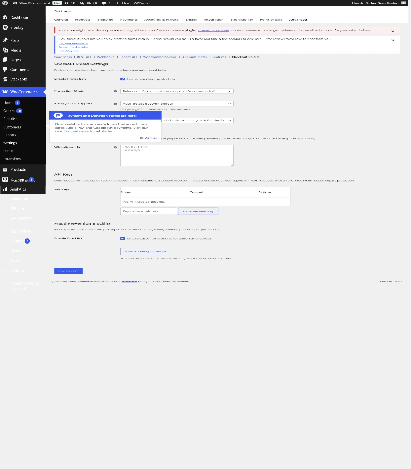 Checkout Shield protection mode settings panel