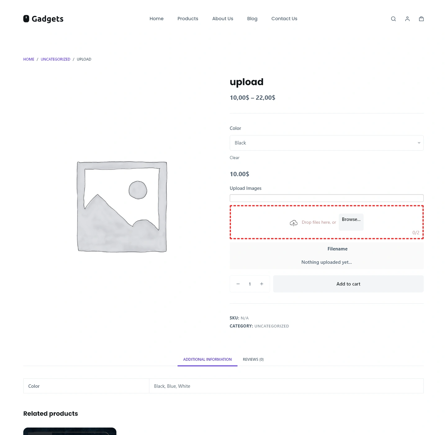 WooCommerce product page with a variation selected and Advanced Files Uploader field visible