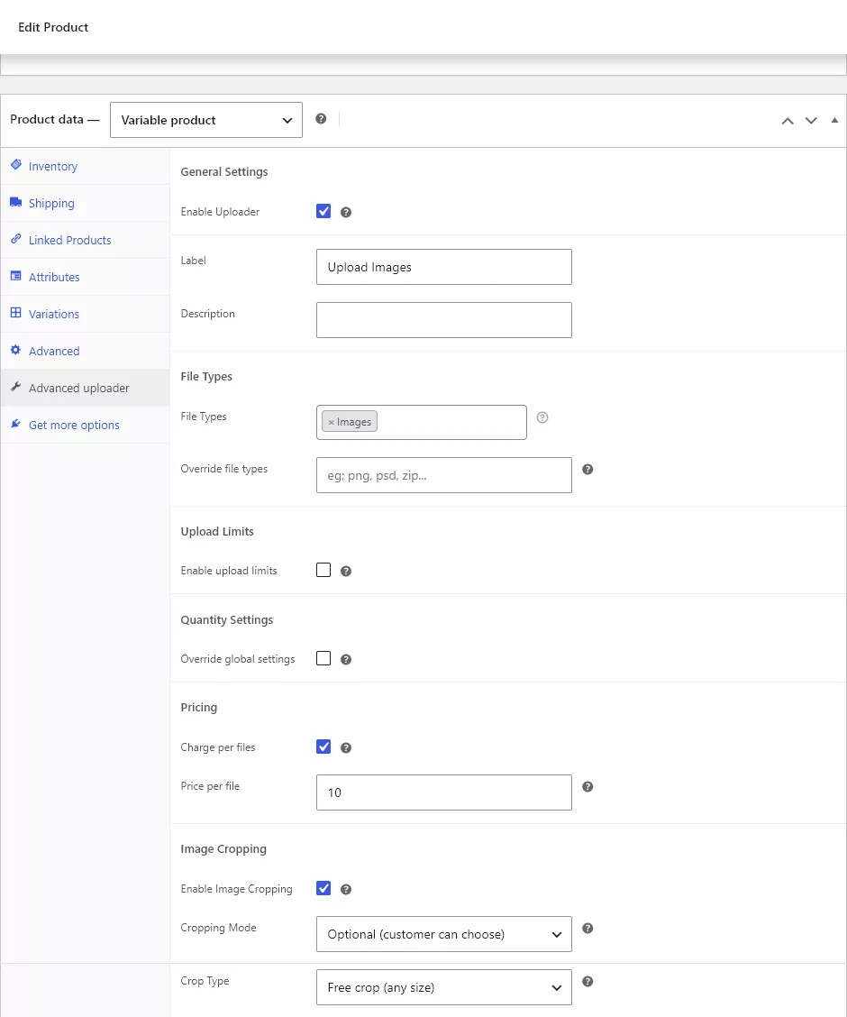 Advanced uploader product tab showing image cropping options including crop type, dimensions, and high DPI