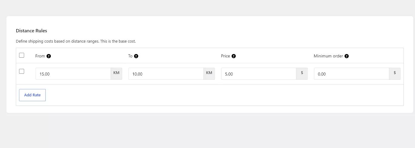 Distance Rules with From, To, Price, and Minimum order fields