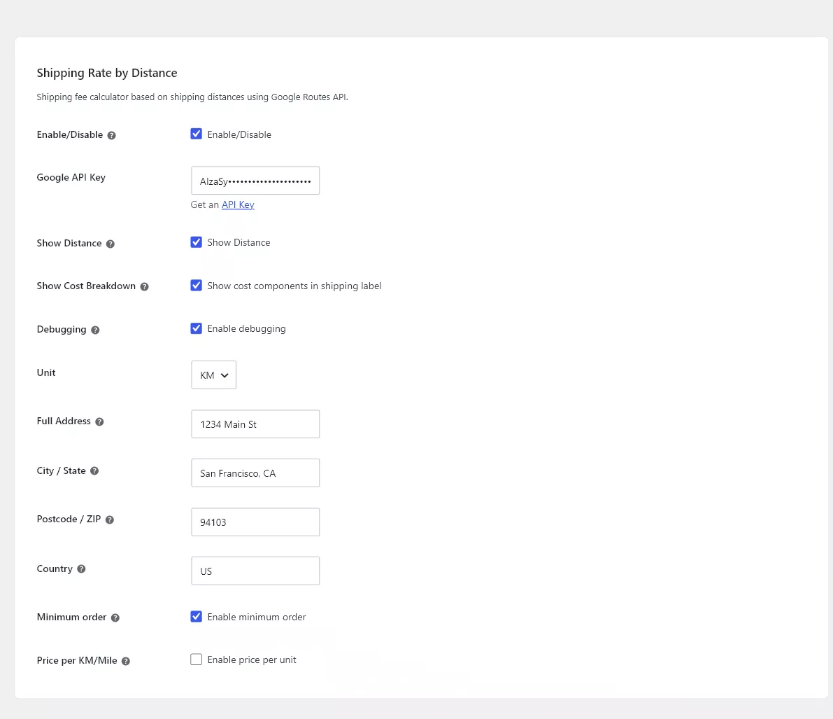 Shipping Rate by Distance global settings showing Enable, redacted Google API Key, distance display, debugging, unit, origin address fields, and pricing toggle
