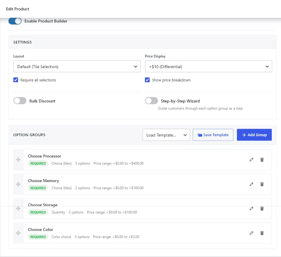 Product Builder admin metabox with Settings panel and the Option Groups list