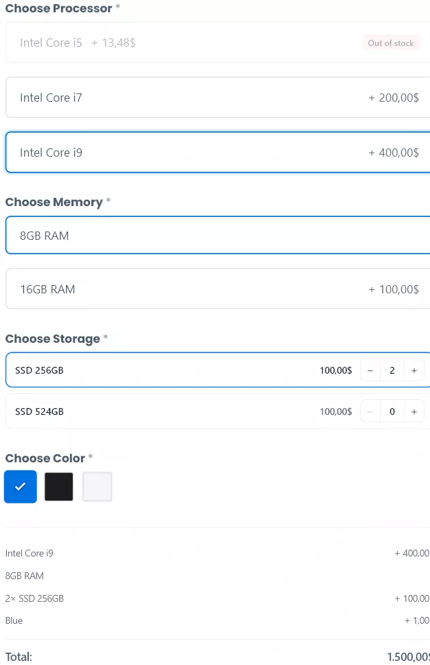 Product Builder showing live price breakdown after the customer makes selections