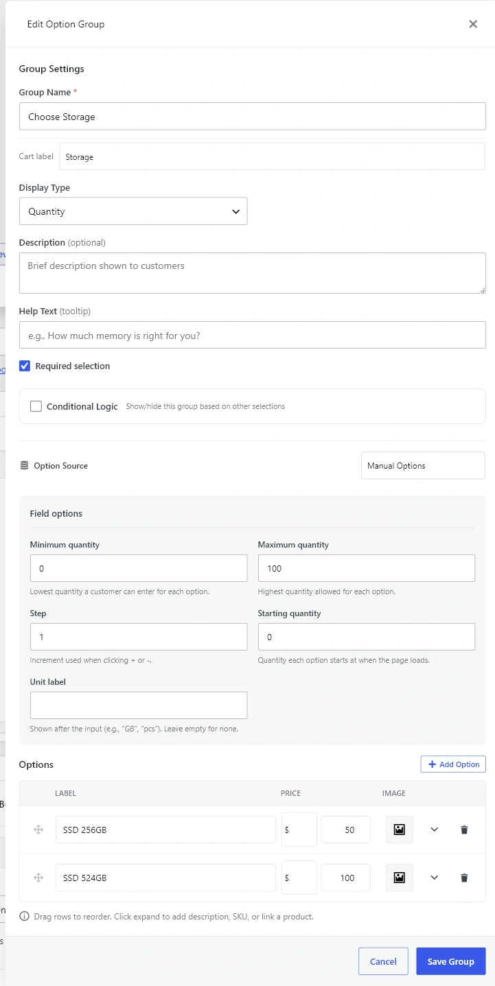 Edit Option Group modal showing Quantity field with Field options section and an options table without a Default column