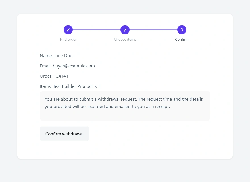 Withdrawal form step three: the separate confirm withdrawal step