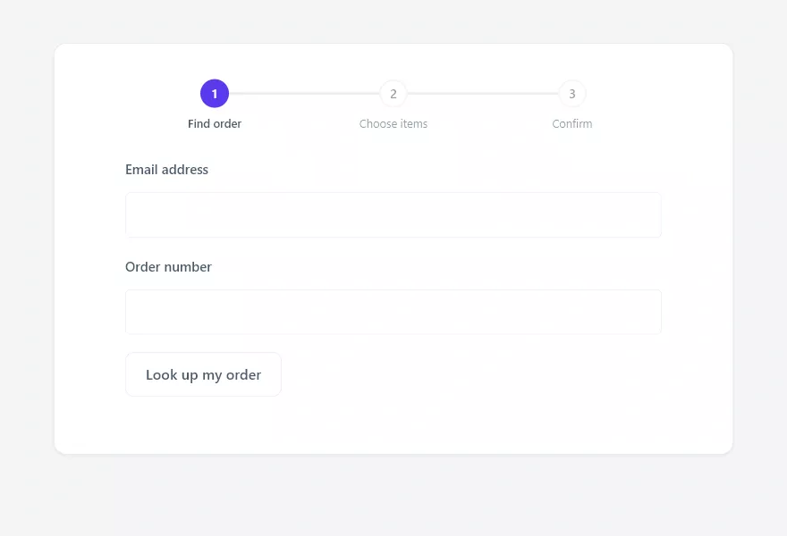 Customer withdrawal form step one: find order by email and order number