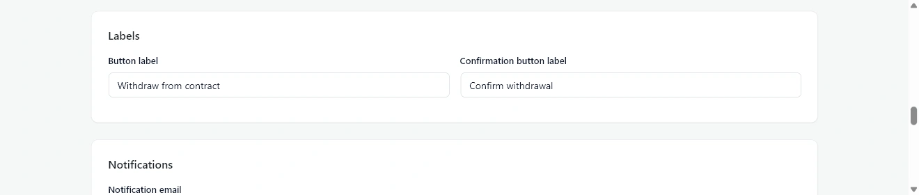 Settings for the Withdraw from contract and Confirm withdrawal button labels