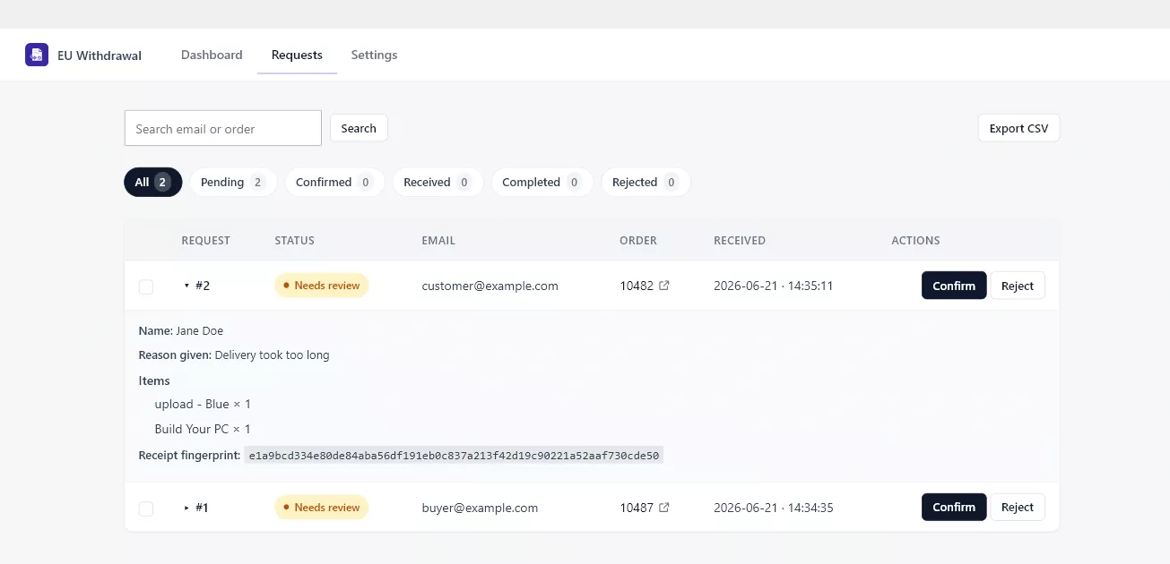 Expanded withdrawal request showing the declaration, items and receipt fingerprint with Confirm and Reject