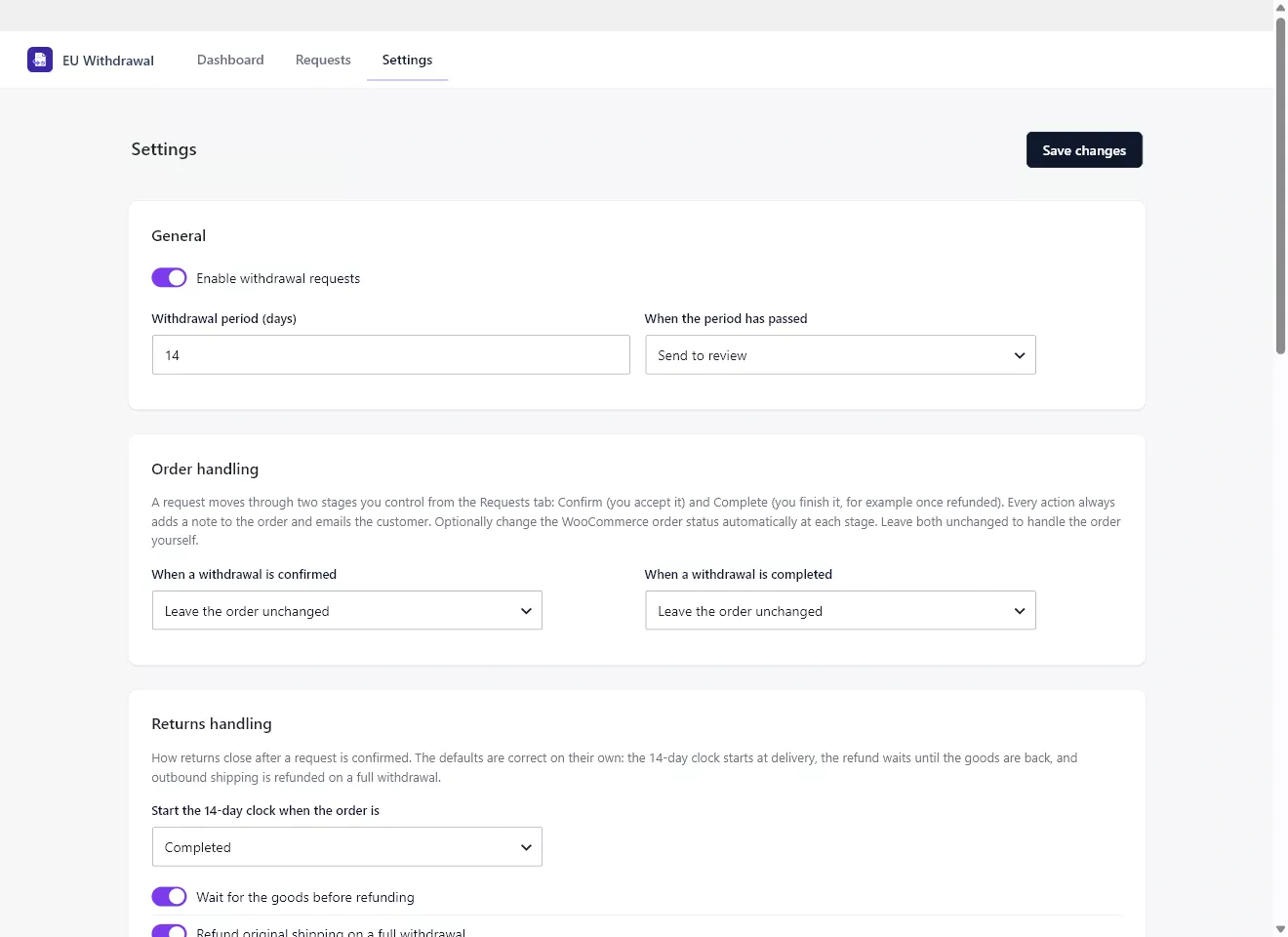 EU Withdrawal settings: general, order handling and returns handling