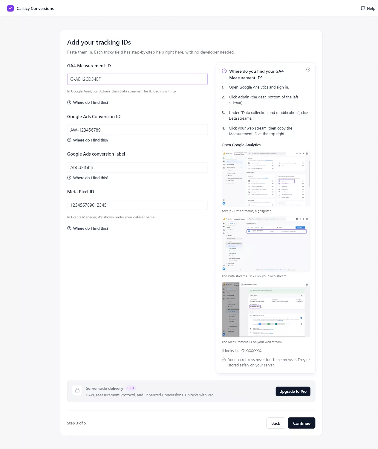 Connect step with an inline walkthrough showing where to find the GA4 Measurement ID