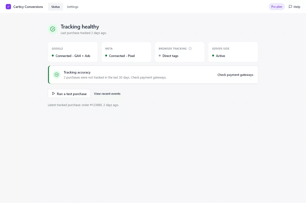 Measured tracking health — never a hardcoded green check.