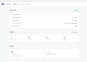 The admin dashboard with setup status, request stats and insights.