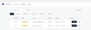 One review queue for every withdrawal request, with search, filters and CSV export.