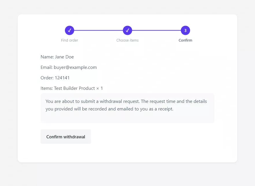 Withdrawal form step three: the separate confirm withdrawal step