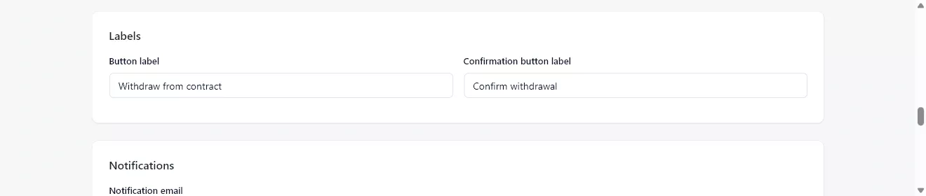 Settings for the Withdraw from contract and Confirm withdrawal button labels