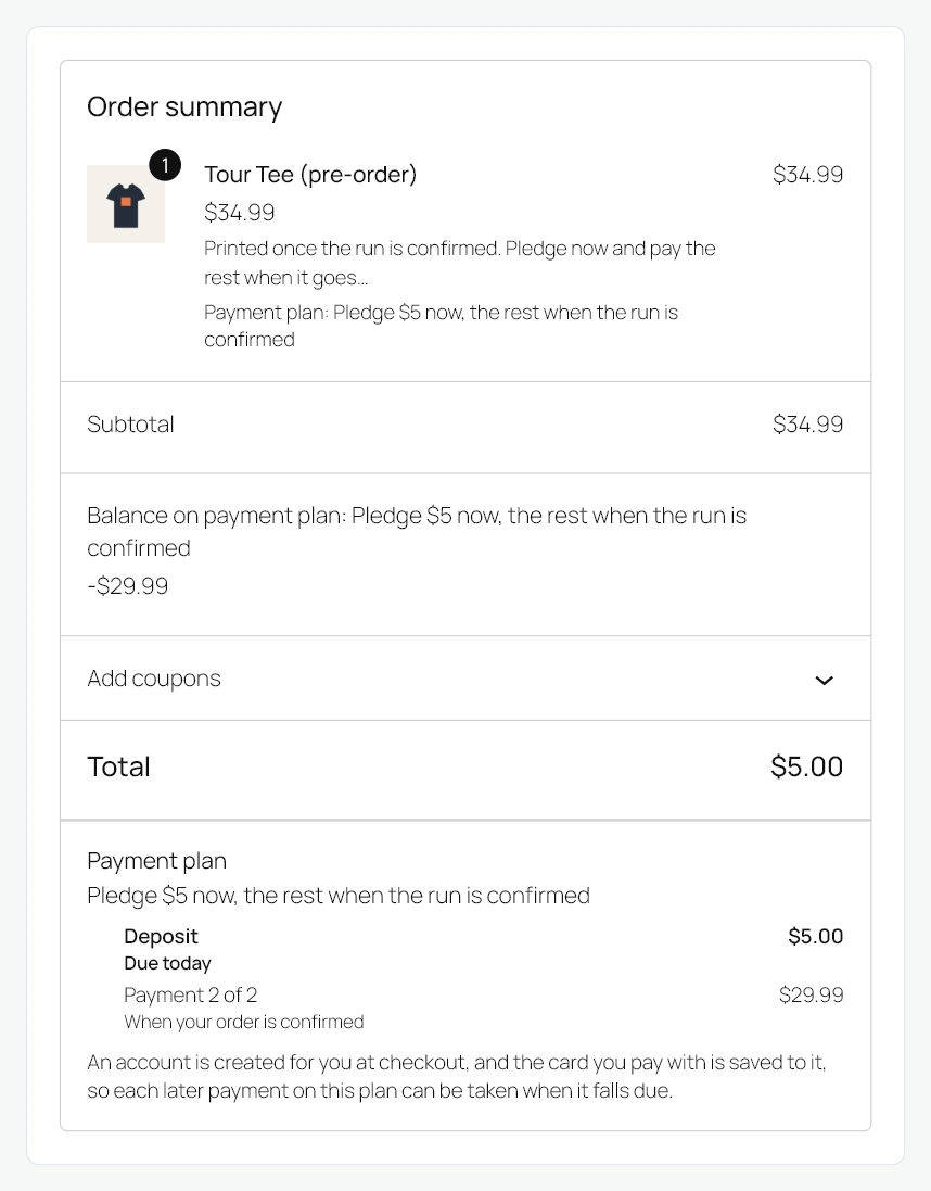 The Checkout Blocks order summary showing the balance on the payment plan deducted, the deposit as the total, and the Payment plan panel beneath it with the schedule and the sentence that an account is created and the card is saved