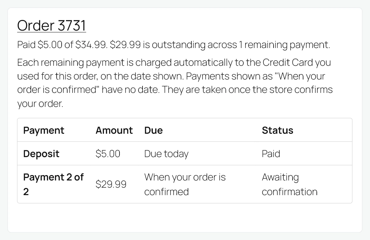 My Account showing a pre-order plan: the paid deposit, the sentence that the rest is charged automatically to the saved card, the note about payments with no date, and Payment 2 of 2 reading When your order is confirmed with the status Awaiting confirmation