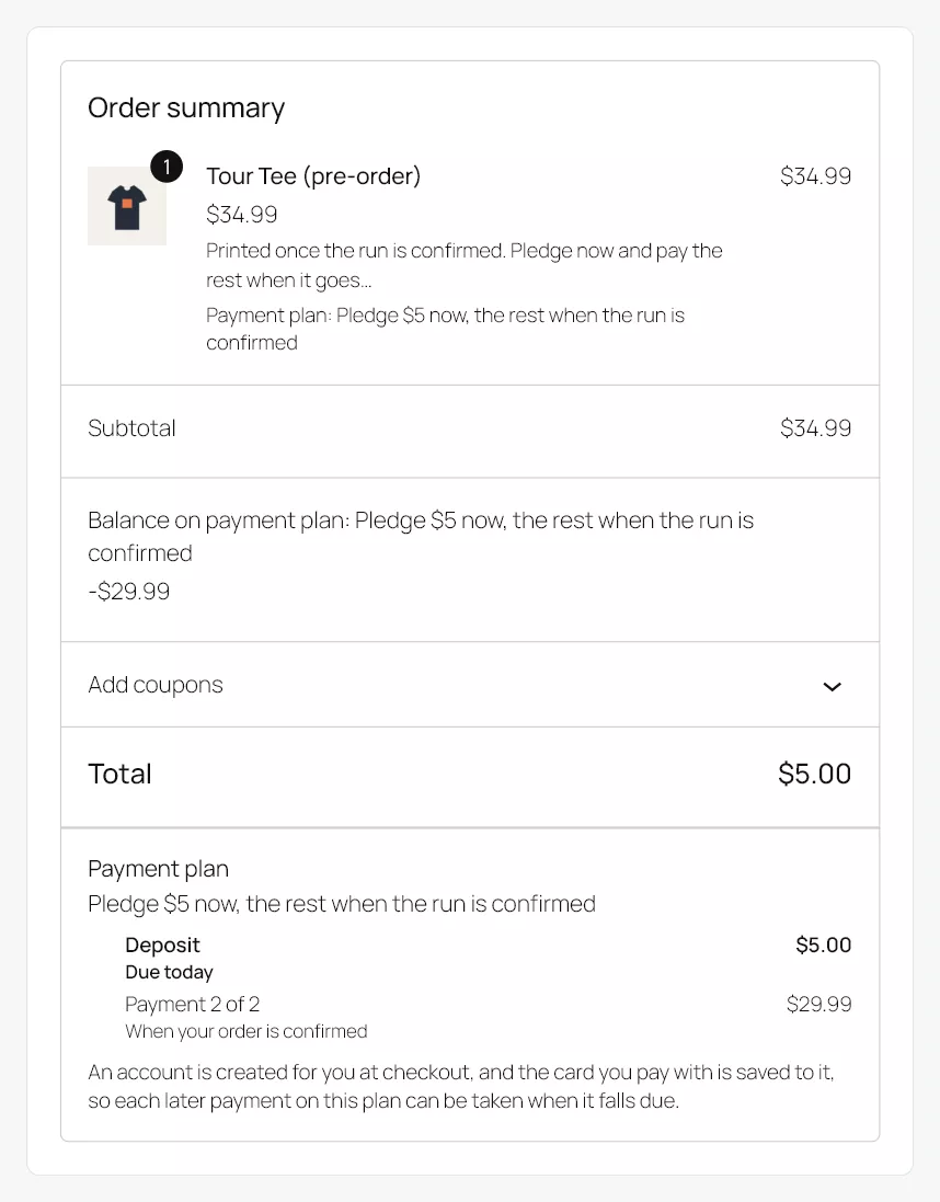 The Checkout Blocks order summary showing the balance on the payment plan deducted, the deposit as the total, and the Payment plan panel beneath it with the schedule and the sentence that an account is created and the card is saved