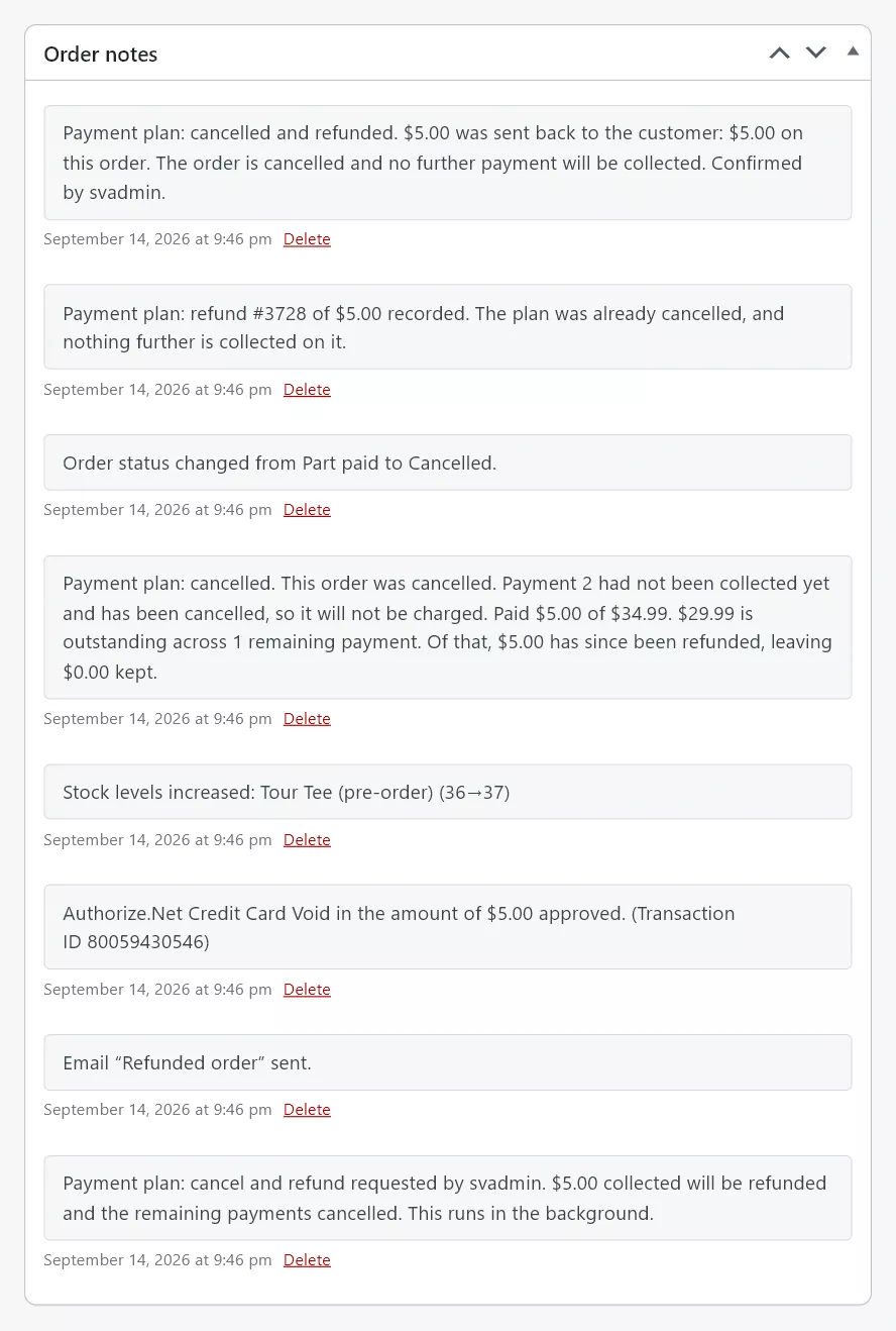 The order notes on a cancelled and refunded pledge, from the closing note recording the total sent back and who confirmed it, down to the note written when the merchant confirmed