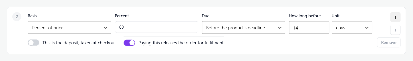 One payment row set to Before the product's deadline, with How long before set to 14 days