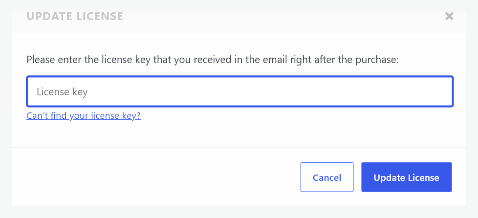 The licence dialog with the licence key field and the button that activates it