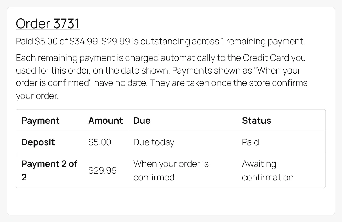 My Account showing a pre-order plan: the paid deposit, the sentence that the rest is charged automatically to the saved card, the note about payments with no date, and Payment 2 of 2 reading When your order is confirmed with the status Awaiting confirmation