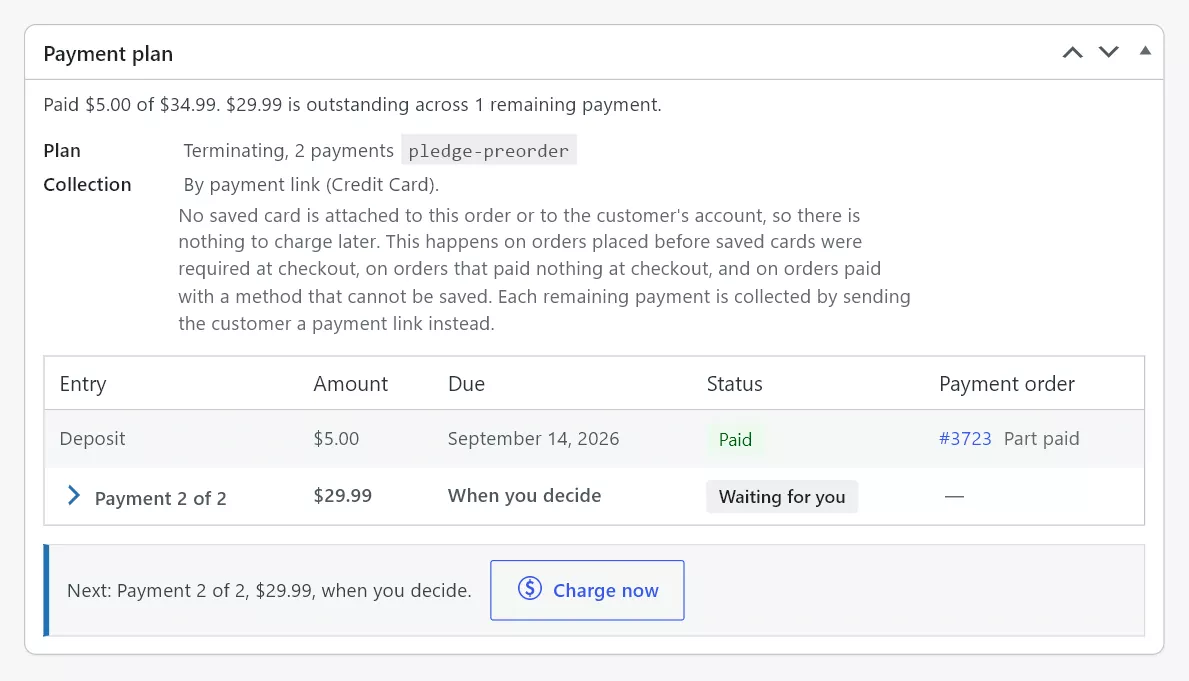 The Payment plan box on an order whose Collection line reads By payment link, followed by the sentence explaining that no saved card is attached to the order or the customer's account