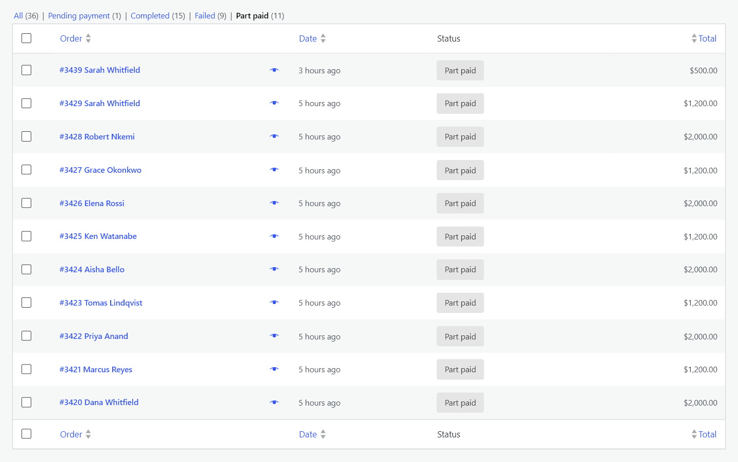 The WooCommerce orders list filtered to the Part paid status, showing eleven orders still on a plan