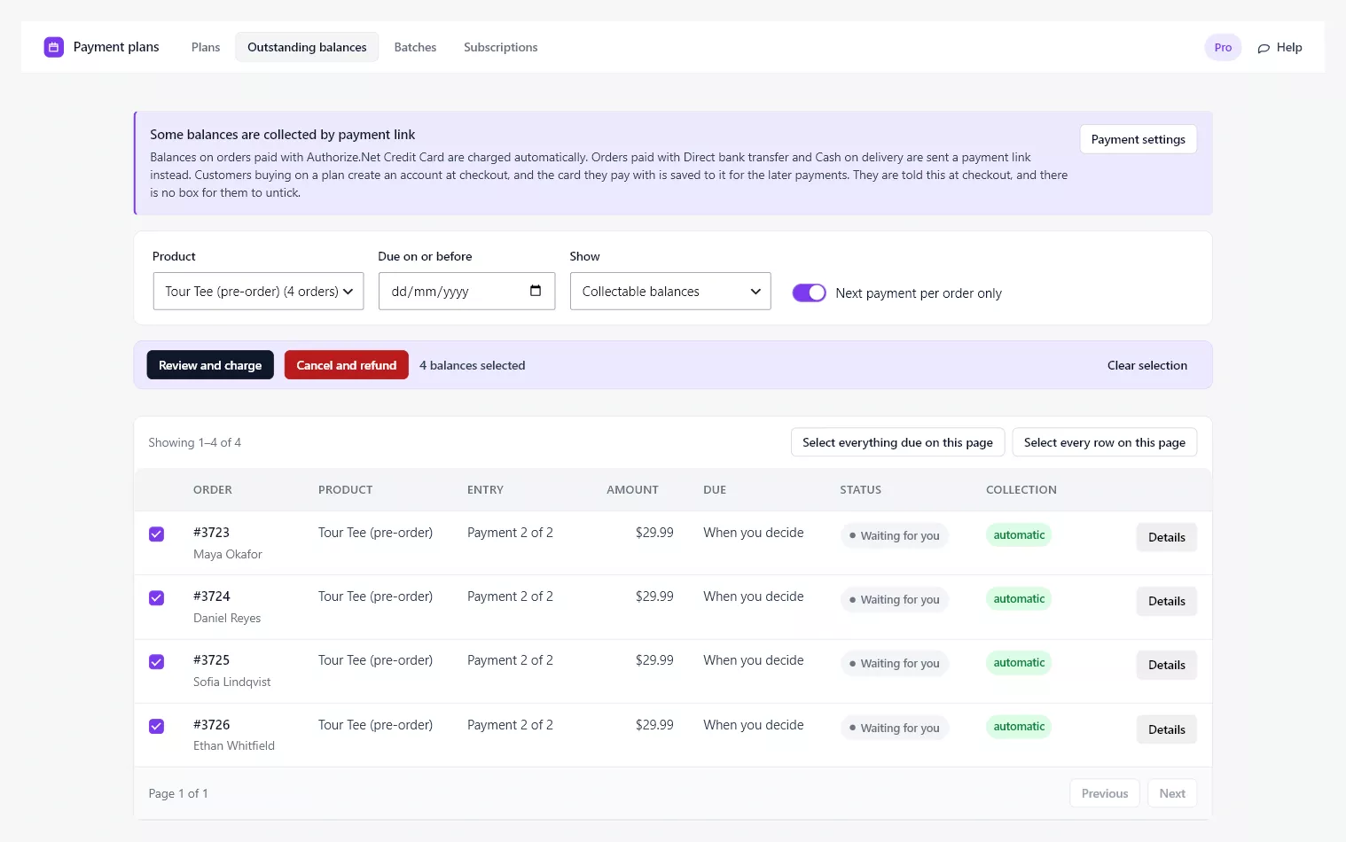 The Outstanding balances screen filtered to a pre-order product with every row selected, the bar showing Review and charge and Cancel and refund, and rows reading When you decide with the status Waiting for you