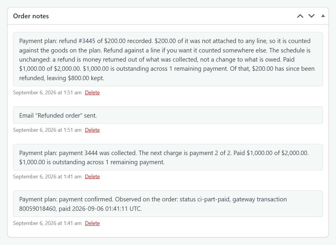 An order note recording a partial refund, its amount, and that the payment schedule is unchanged