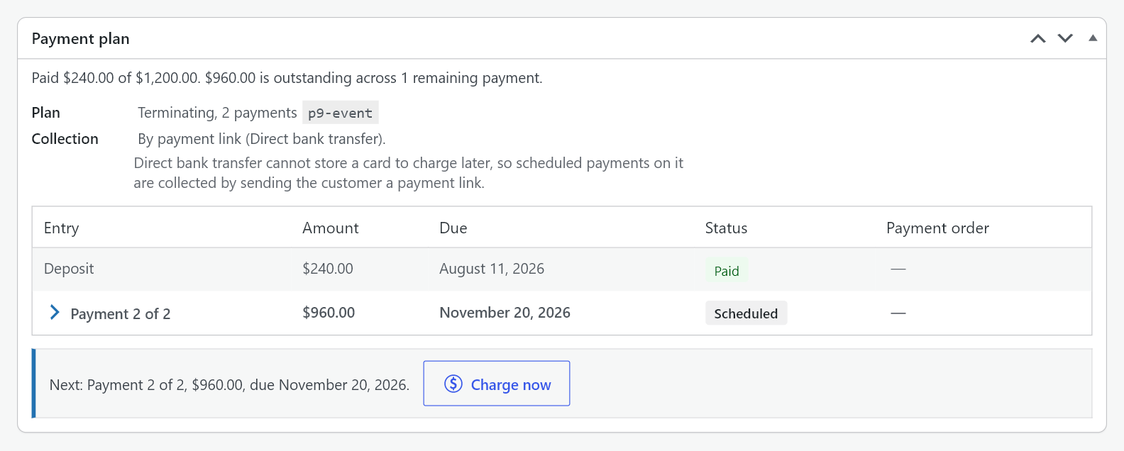 The Payment plan box reporting collection by payment link and the sentence explaining that the gateway cannot store a card